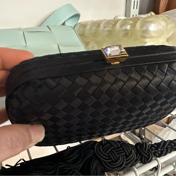 Bottega Veneta Intrecciato Knot Tassel Clutch Bag in Black Satin - Picture 9 of 11